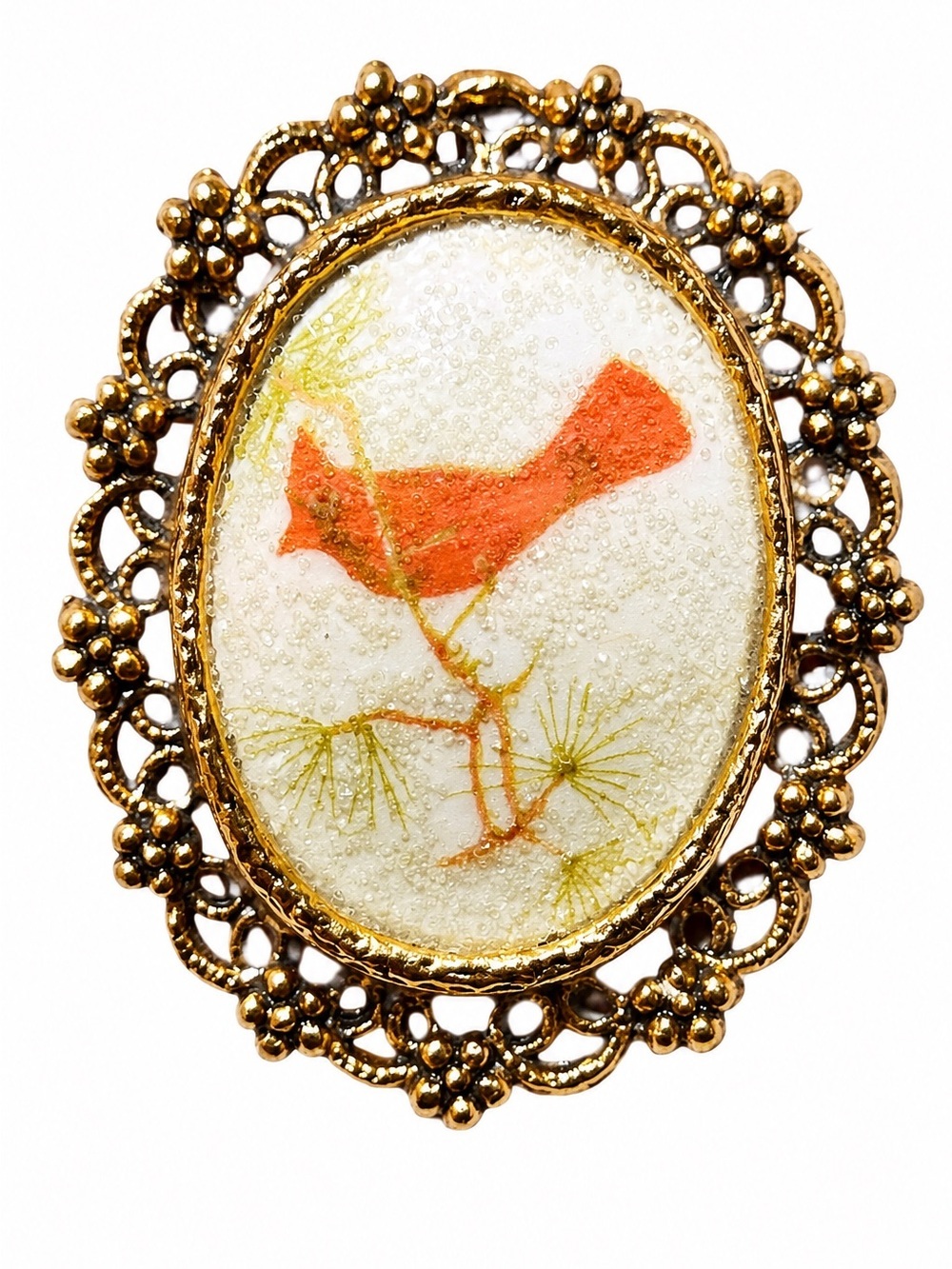 Vintage Cardinal Bird Brooch Mid Century Gold Filigree Cameo Pin Nature Jewelry